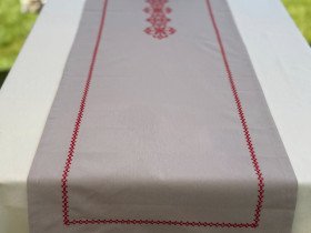 Table runner made of water-repellent fabric 45x170 DUCK Gray with red embroidery