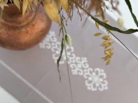 Table runner made of water-repellent fabric 45x170 DUCK Gray with white embroidery