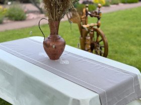 Table runner made of water-repellent fabric 45x170 DUCK Gray with white embroidery