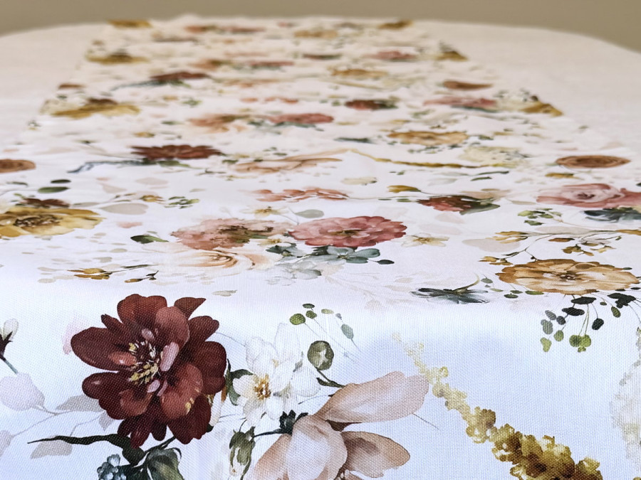 Table runner made from water-repellent fabric, 45x170, DUCK, gray with flowers, 7195-1