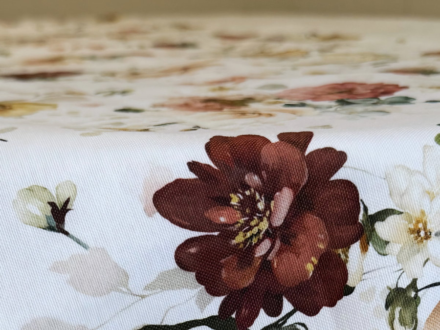 Table runner made from water-repellent fabric, 45x170, DUCK, gray with flowers, 7195-1