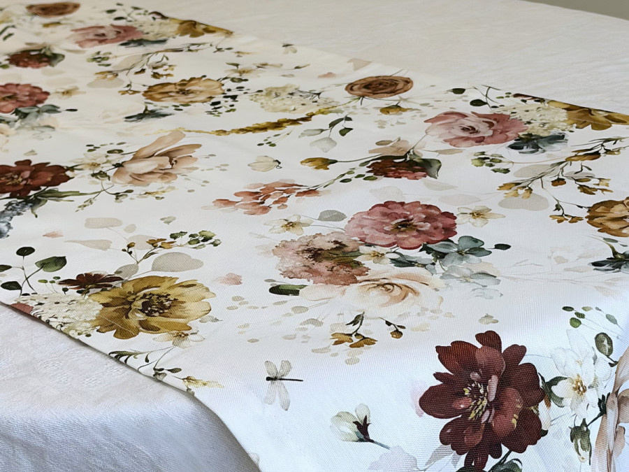 Table runner made from water-repellent fabric, 45x170, DUCK, gray with flowers, 7195-1