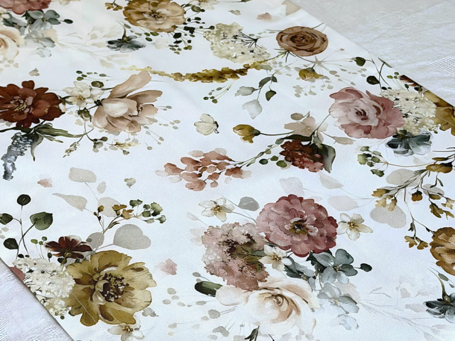 Table runner made from water-repellent fabric, 45x170, DUCK, gray with flowers, 7195-1