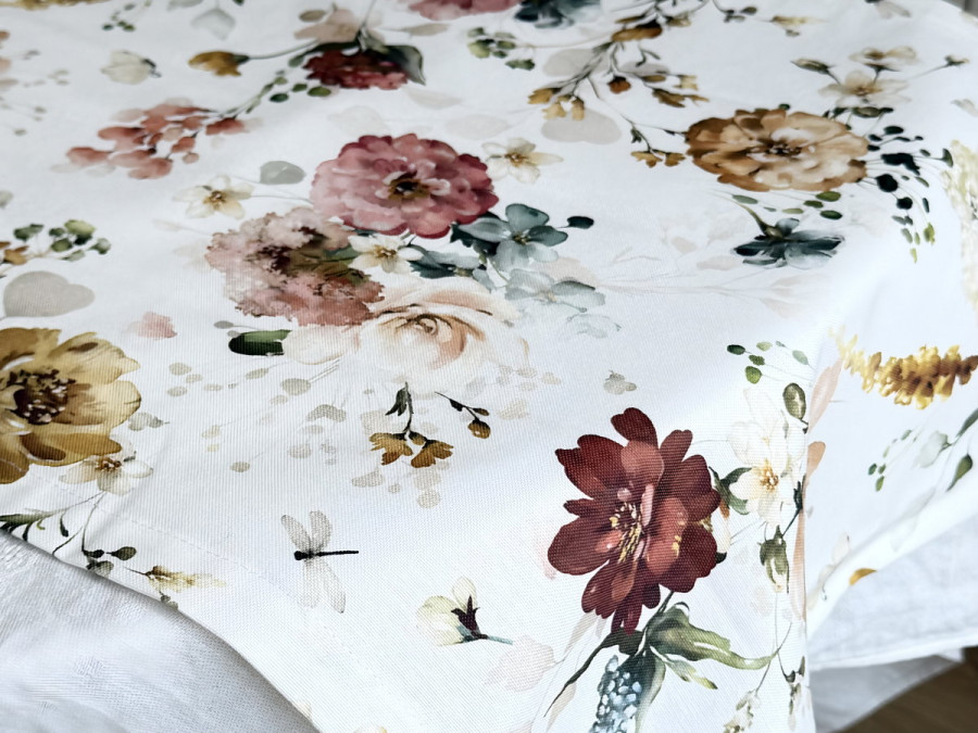 Table runner made from water-repellent fabric, 45x170, DUCK, gray with flowers, 7195-1